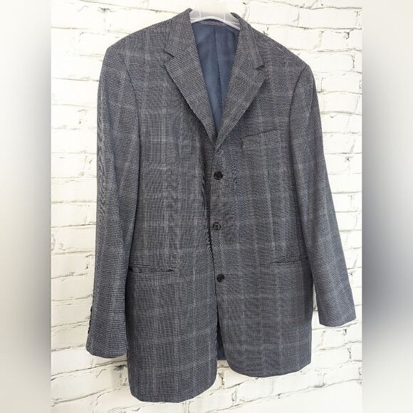 Tommy Hilfiger Wool sports coat, blazer jacket, Grey and blue houndstooth 44T - Picture 2 of 7